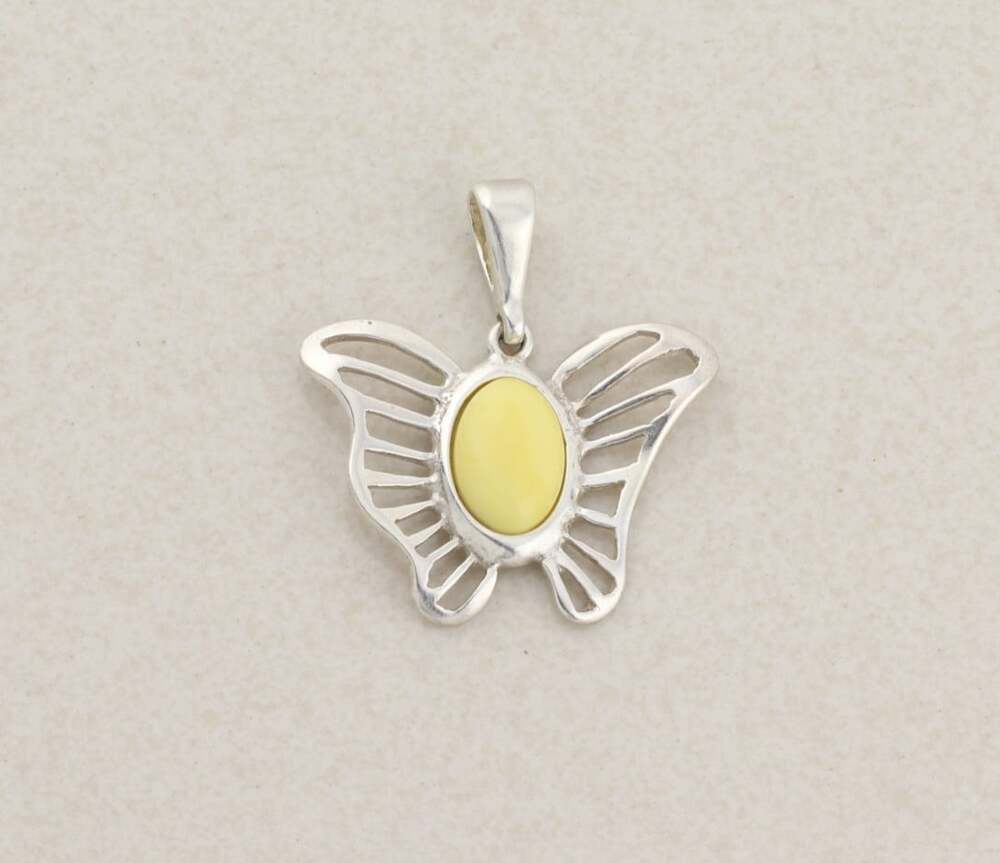 Pendant Only Sterling Silver Butterfly with Yellow Stone Pendant 1 1/4" x 1 1/4"